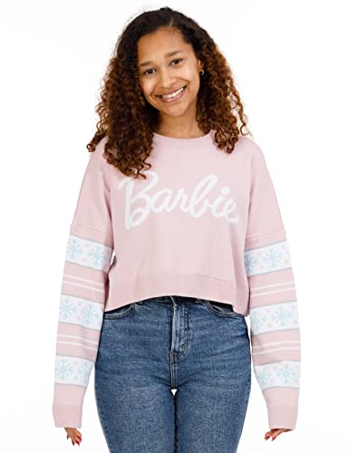 Barbie Cropped Christmas Jumper Womens | Ladies Adults Doll Logo Snowflakes Fairisle Pastel Pink Knitted Sweater | Presents For Her M