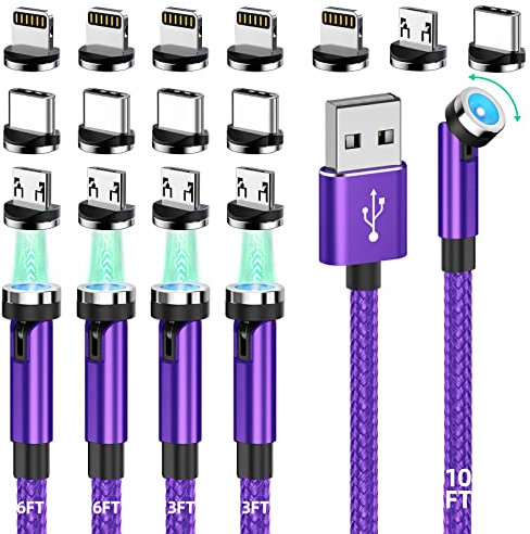 Lot de 5 câbles de charge magnétiques rotatifs à 540 ° - Câble de charge magnétique 3 en 1 en nylon tressé pour iPhone/Micro USB/Type-C - Violet