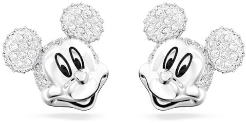 Swarovski Disney Mickey Mouse Ohrstecker, Weiße und Rhodinierte Damenohrringe mit Strahlenden Swarovski Kristallen