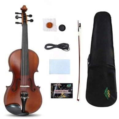 WUQIMUSC Violino elettrico acustico a 5 corde, 4/4, full size, acero massiccio abete, realizzato a mano, kit violino con custodia, archetto (colore marrone)