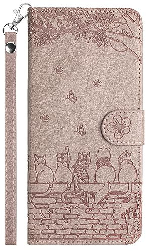 FALUWONRU for iPhone 13 mini/12 mini Wallet Case,Fence Cats Butterfly Flower Embossed PU Leather Flip Phone Case with Card Slots,Magnetic Protective Cover with Holder Kickstand,Purple