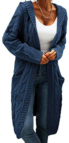 GeGekoko Cardigan da donna con cappuccio, a maniche lunghe, a maglia grossa, aperto, per autunno e inverno, casual, con tasche, Blu scuro, L