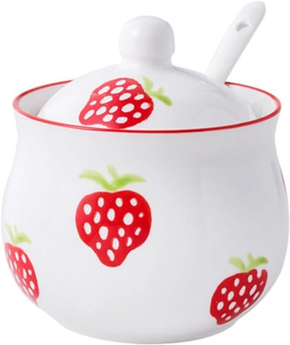 Azucarero De Cerámica,Azucarero De Estilo Europeo con Cuchara, Recipiente De Azúcar con Patrón De Flores Rosadas Y Hojas Verdes, Tarros De Especias De Porcelana-fresa roja-200ml ( Color : Red Strawber