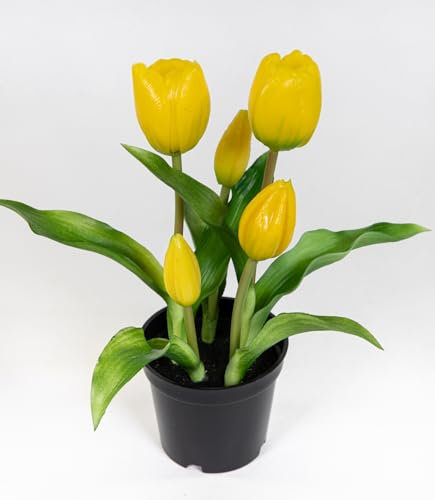 Seidenblumen Roß Tulpen Real Touch 24cm im Topf ZF Kunstpflanzen künstliche Pflanzen Tulpentopf (Gelb)