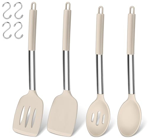 Joyfair Lot de 4 spatules et cuillères de cuisine en silicone résistant à la chaleur avec poignée en acier inoxydable, couverts pour cuisine/pâtisserie/flip, passe au lave-vaisselle, kaki