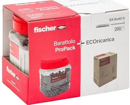 Fischer 200x Tasselli SX 8x40 con Vite, Pack con Barattolo + ECOricarica