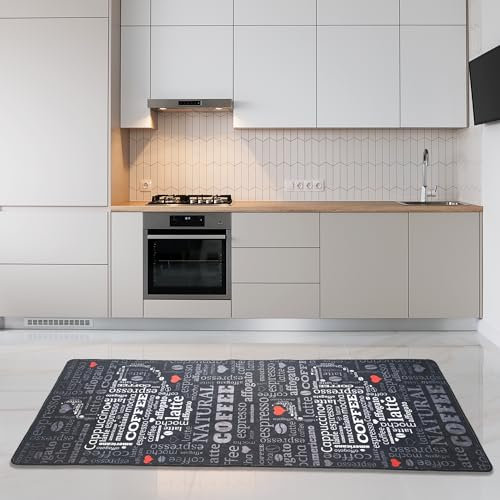 miqna Teppich Moderner Küchenteppich Gel Läufer Küchenläufer Grau Weiß Schwarz mit rutschfestem Bodenmuster mit Schriftzug Coffee Macchiato (Schwarz, 120 x 180 cm)