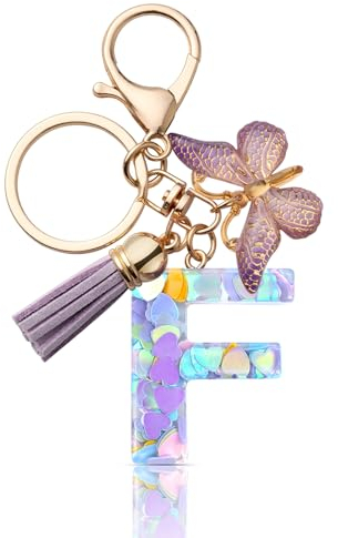 CHUQING Portachiavi con lettera ragazza portachiavi lettera iniziale regalo donna portachiavi farfalla, viola, viola, lilla f, S