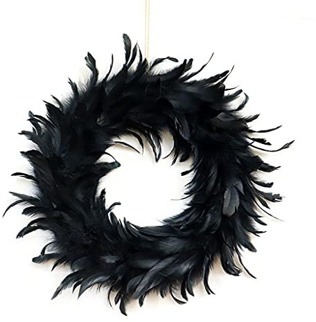 39,9 cm natürlicher Federkranz, Haustür, schwarzer Federkranz, gruselige Szene, Party, Veranda, Halloween-Dekoration, Halloween-Kranz, Dekorationen im Freien