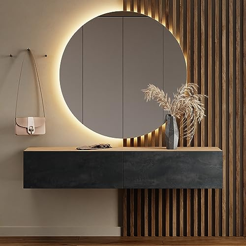 Planetmöbel Flurgarderobe 1x 160 cm | Spiegel rund mit Beleuchtung 100 cm, Gold Eiche - Schwarz Charcoal, Flur Möbel mit Spiegel, 37,8T x 160B x 32,5H cm