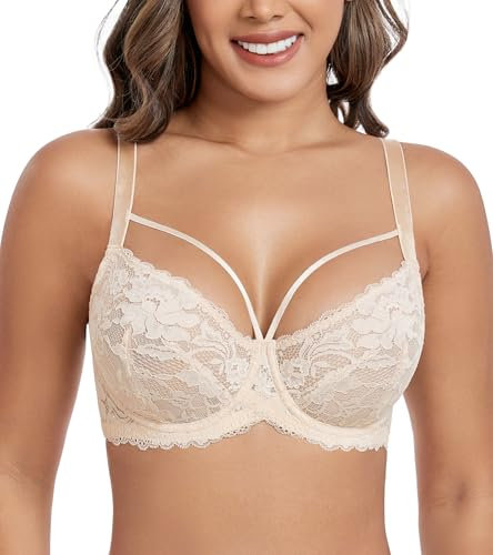 DotVol Damen Große Größen Minimizer BH Durchsichtige Ungepolsterte Spitze Unterwäsche Alltag Bra mit Schnürung(Beige, 85C)