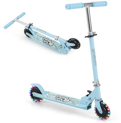 KOMFOTTEU Trottinette Enfant, 2 roulettes ABEC-5, LED et Frein, Planche à roulettes Pliable, 3 Hauteurs réglables, Scooter pour Enfants 3 Ans+, Charge 50 kg (sans Accessoires, Bleu Clair)
