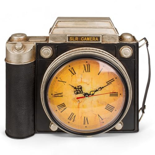 MIJOMA Retro-Kamera Schlüsselkasten mit Uhr – Vintage Kamera Design, Metall, ca. 23 x 8,5 x 29 cm, Wanddeko im Retro-Look