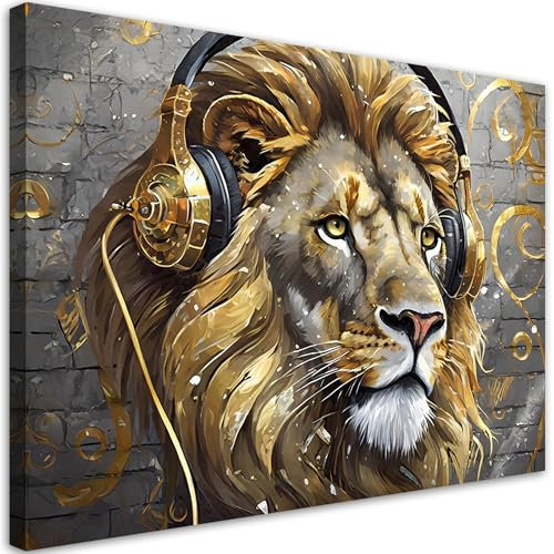Feeby Leinwand Bilder - Musik Löwe Tiere - Canvas 90x60 cm - Deko Wohnzimmer - Wandbilder Schlafzimmer - Deko Aesthetic - Wand Deko - Leinwand Groß - Deko Zimmer - Leinwandbilder XXL