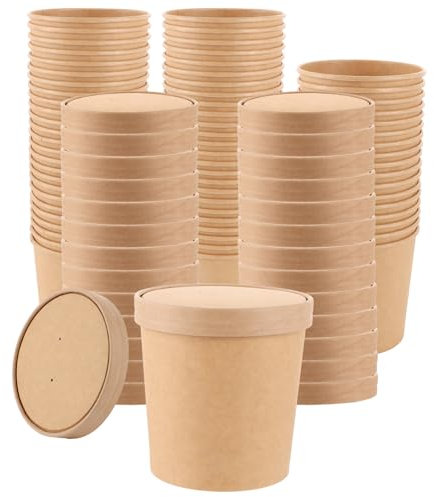 Oungy 50 Stück Suppenbecher To Go Pappe mit Deckel, Pappbecher mit Deckel 780ml, Einwegbecher mit Deckele 27oz Pappbecher Braun, Eisbecher Pappe Suppenbecher Pappe für Suppe Salat Nachtisch Vorspeisen