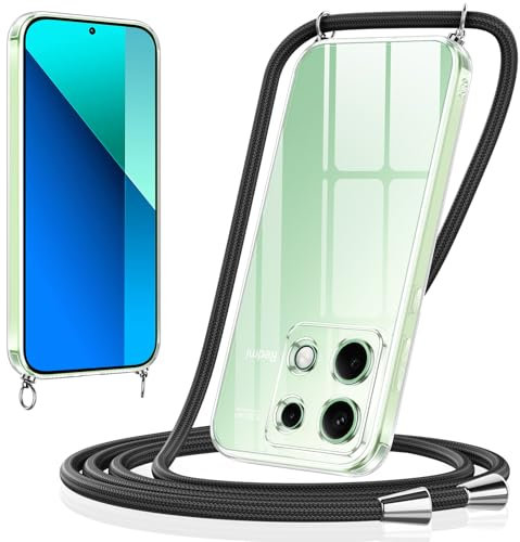 Xiltlly Coque pour Xiaomi Redmi Note 13 4G avec Cordon de Collier, Transparent Silicone TPU Bumper Protection Étui Housse Lanyard avec Cordage Corde Réglable Chaîne Case pour Redmi Note 13 4G, Noir