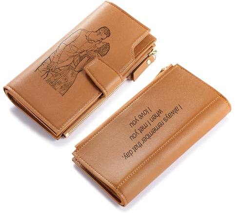 Lam Hub Fong Femmes Portefeuille Personnalisé avec Photo et Texte Porte-Monnaie avec Pochette à Monnaie Fente pour Carte Portefeuille Long Cadeaux Personnalisés pour Femmes (Marron)