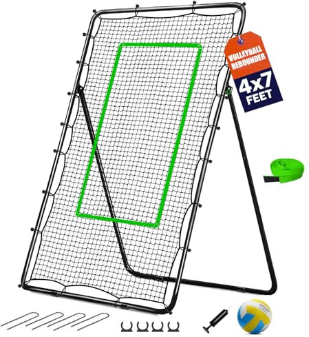 Volleyball-Rückprallnetz mit Bungee-Seilen, Volleyball, Tragetasche und Neonziel, verstellbares Rückprallnetz, verbessert die Fähigkeiten (1,2 x 2,1 m)