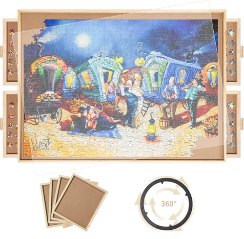 Drehbares Puzzlebrett mit 4 Schubladen, 66 x 88,9 cm, tragbarer Holz-Puzzle-Tisch mit drehbarer Abdeckung von Lazy Susan, für Erwachsene, 1500 Teile