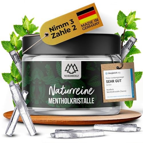 NORDHOLZ® Mentholkristalle [50gr] für Sauna in Premium Qualität aus 100% Minzöl - Befreit die Atemwege und sorgt für intensiven Duft in der Sauna - Sauna Zubehör (50gr. Tiegel)