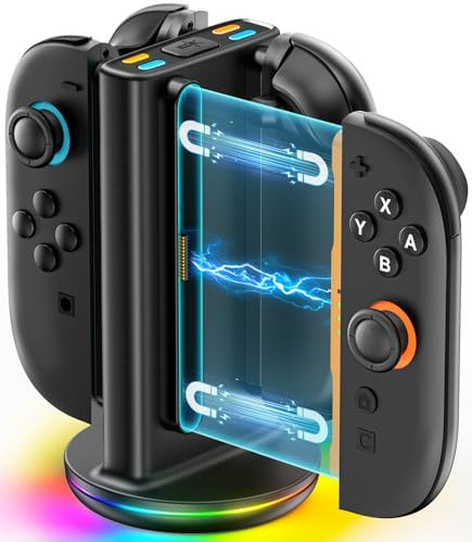Cargador Mandos para Switch 2, 2,5H Rápida Base Cargador para Switch Joy-con 2025, Estacion Carga para Joy-con 2 con 9 Modos de Luz, Base para Carga en Cualquier Dirección, Figuras interactivas