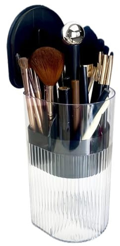 YIEZI Makeup Brush Holder with Lid,One-Hand Press Open/Close Mechanism Cosmetic Tools Organiser,Clear Waterproof Dustproof Make Up Storage for Vanity, Bathroom Countertop-Black-Silver Ball