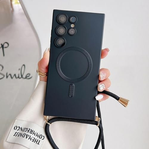 Galful Magnetische Handykette für Samsung Galaxy S24 Hülle mit Band Kompatibel mit MagSafe Handyhülle S24 Silikon Schutzhülle Abnehmbar Kordel Cover zum Umhängen Necklace Case-Schwarz