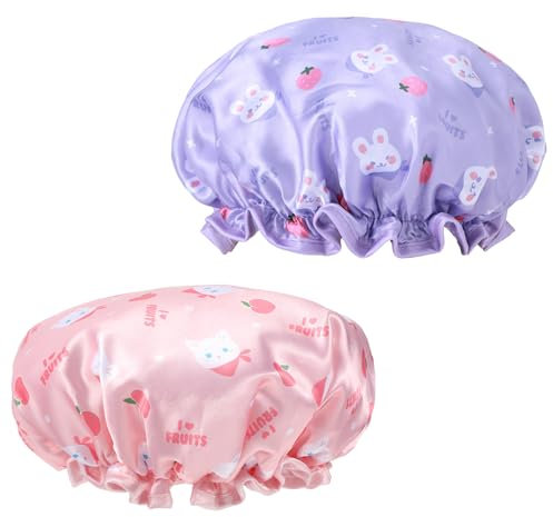 TIESOME Kids Shower Caps, 2 PCS Pink & Purple Waterproof Double Layers Shower Caps Cute Rabbit Bonnets Elastic Band Bonnet Satin and Eva Soft Sleeping Cap Reusable Cap for Kids