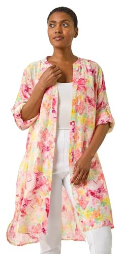Roman Floral Print Longline Blouse for Women UK - Ladies Spring Everyday Summer Holiday V-Neckline Comfy Long Sleeve Soft Button Up Shirt Vacation Beach Tops - Pink Floral - Size 18