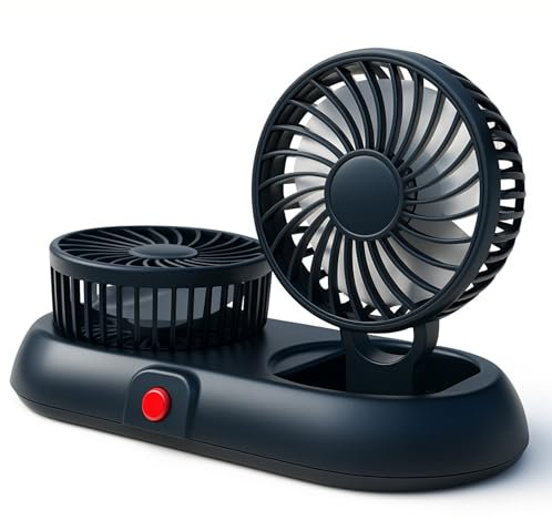 RigWig Portable USB Car Fan for Dashboard – Adjustable 5V Cooling Air circulator with Parking Plate, Quiet High Wind, Folding Design – For Car, Truck, Office, Home (2 Head Fan)