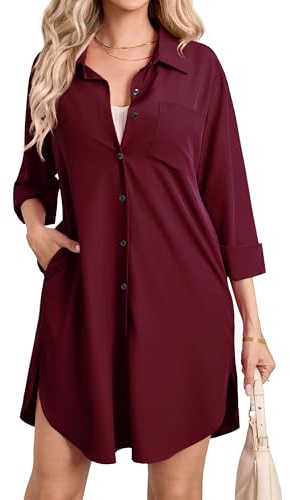 Enmain Womens Long Sleeve Shirt Dress Casual Button Up with Pockets S-3XL | Longline Blouses, Cotton-Polyester Blend, Plain Colour, Loose, Knee-Length, Side Pockets, Rounded Hem, Botton Up, Collar