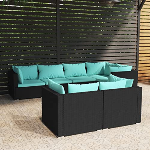 JHQHSM 7-TLG. Garten-Lounge-Set mit Kissen Schwarz Poly Rattan, Modulares Outdoor Sofa Set mit Polsterauflagen, Wasserdichtes Loungemöbel für Terrasse und Balkon, Stabiles Gestell