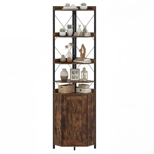 COSTWAY 6-stöckiges Eckregal, 180cm Eckbücherregal mit Schrank, Türen & Metallrahmen, Bücherregal freistehend, Aufbewahrungsregal für Wohnzimmer, Schlafzimmer & Küche (Braun,38 x 38 x 180 cm)