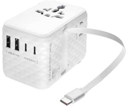 TROIKA Reiseadapter weltweit Worldwide Pull 35 EU/USA/AUS/CHN/UK + USA/JP inkl. USB-C Kabel herausziehbarem Schnellladekabel und geeignet für alle gängigen Steckdosen 5-in-1 Ladepower 35W in weiß