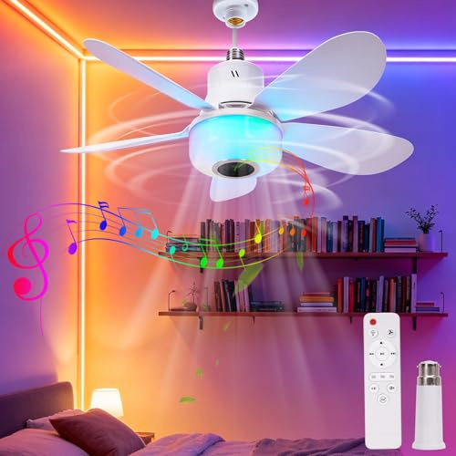 RGB Ceiling Fans with Lights and Remote,LED Ceiling Fan Light with Bluetooth Speaker,RGB & 3 CCT Dimmable Light,5 Blades,3 Speeds,Timer,E27 Fan Lights Ceiling for Bedroom with E27 To B22 Adapter