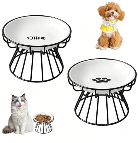 2PCS Elevated Cat Bowls, 200ml Dry Wet Food Bowls for Cats | Ceramic Raised Cat Food Bowl | Non Slip Dish for Pets | Protect Pet's Spine | Make Cats Feel Comfortable | Dishwasher Safe