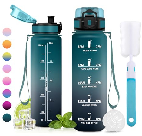 JAPORIA Gourde Motivation 500ml, Gourde avec Filtre et Marqueur de Temps sans BPA, Bouteille pour École, Yoga, Bureau, Randonnée