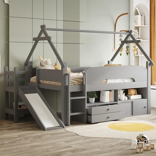 Hmluxury Multifunktions-Hochbett Mit Rutschbahn, Sicherheitsgitter, Schubladen, Spielbereich Und Stauraum, Grau, 90x200 cm, Aus Massivholz