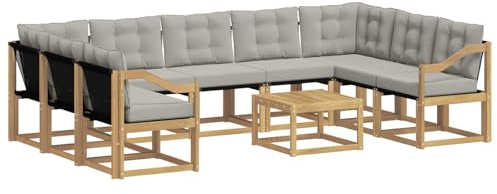 vidaXL Outdoor-Sofagarnitur mit Kissen 10 pcs Weiß und Hellgrau, Moderne Gartenmöbel, Akazienholz-Sofa, Textilene-Rücken, strapazierfähige Sitzmöbel, Bequeme Liegeplätze