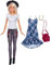 Mattel Barbie FJF68 Fashionistas Puppe und Mode Geschenkset mit schwarzem Hut und blauem Karo-Kleid