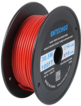 BNTECHGO 16 Gauge Silicone Wire Red 100ft Stranded Tinned Copper Wire | Flexible 16 AWG Stranded Wire Silicone Rubber Insulation For RC Models, Drone, Robot, Battery, EV Charger, 3D Printer, DIY