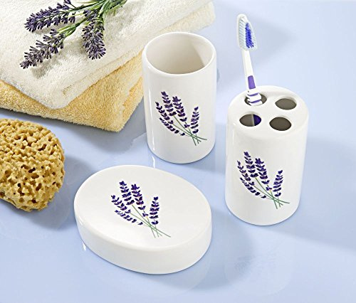 3 TLG. Badset weiß, mit Lavendel-Dekor - Zahnputzbecher, Zahnbürstenhalter und Seifenschale, Bad-Accessoires Set, Badezimmer Zubehör, Gäste-WC