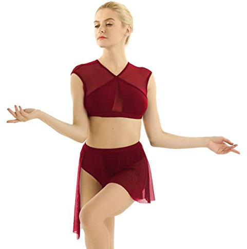 Agoky Zweiteiler Damen Erwachsene Ballettkleid Tanzkleid Modern Lyrischen Kleid Latin Dance Kostüm Outfits Ärmellos Crop Tops Kreuz Rücken Asymmetrischer Rock Weinrot XL