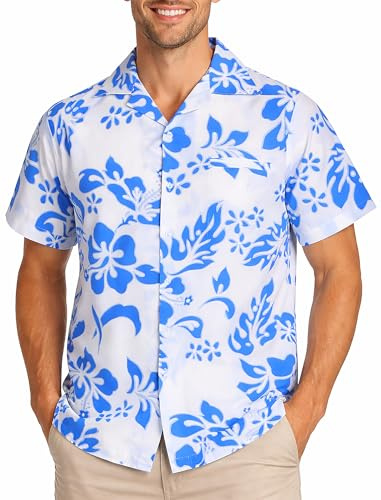 King Kameha Herren Hawaiihemd Kurzarm – Sommer Aloha Shirt mit Hibiskus-Print, leicht und pflegeleicht
