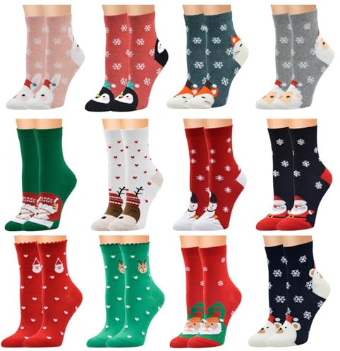 Vertvie 12 Paar Unisex Weihnachtssocken Christmas Socks Weihnachtsmotiv Weihnachten Festlicher Baumwolle Socken Mix Design für Damen und Herren (Einheitsgröße,12er Pack01)