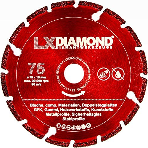 LXDIAMOND Diamant-Trennscheibe 75mm x 10mm Diamantscheibe für Sicherheitsglas Metall Eisen Holz Kunststoff Multi passend für BOSCH GWS 12V Professional Akku Winkelschleifer 76mm