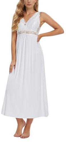 Alcea Rosea Chemise de Nuit Femme en Dentelle Pyjama Sexy à Col en V Robe Nuit sans Manches Robe de Chambre Longue pour Femme Elégante (Blanc, S)