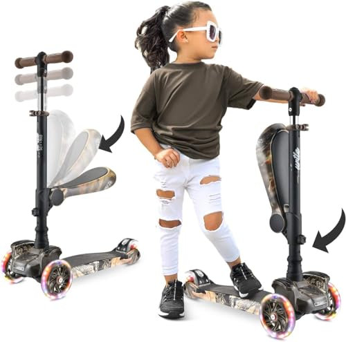 Hurtle Trottinette Enfant, Trottinette 3 Roues, Patinette Enfant Pliable avec Hauteur Ajustable, Plateau Antidérapant, LED Roues Lumineuses, Scooter pour Fille/Garçon de 2 à 12 Ans