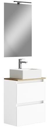 Baikal MAIA 280034332, Conjunto de baño MAIA. Mueble pequeño con Lavabo cerámico y Espejo con Aplique luz LED. Doble Espacio 1 Puerta abatible y 1 Cajón. Acabado Color Blanco Medidas 50 x 60 x 30 cm