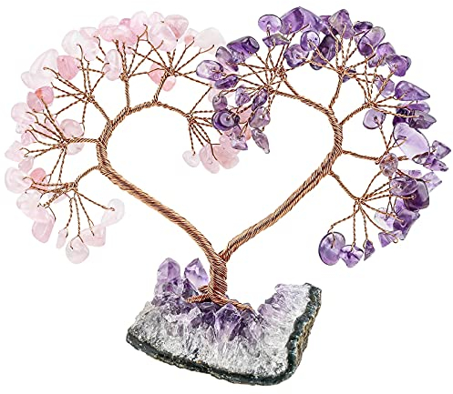 KYEYGWO Amethyst & RosenquarzHerz Kristall Geldbaum auf Natürlichen Amethyst Drusensegment Rohstück Base, Feng Shui Bonsai Baum Stein Glückbaum Kristallbaum für Hochzeit, Haus Decor, Heilung